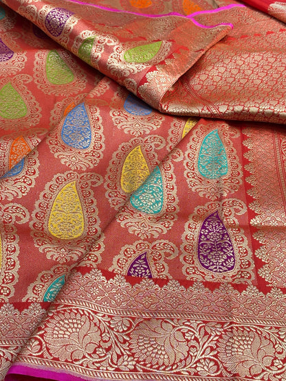 Red Banarasi Kingkhaab Brocade Handwoven Silk Saree