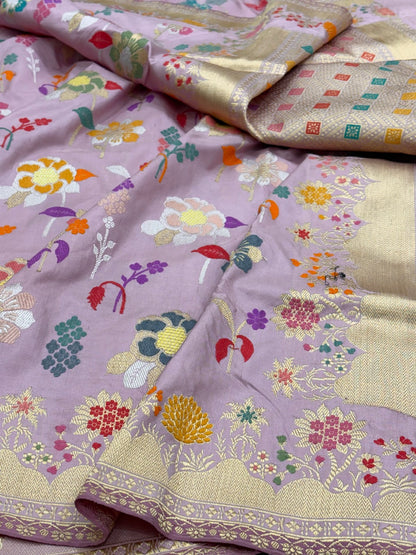 Lilac Banarasi Pure Katan Silk Handwoven Saree