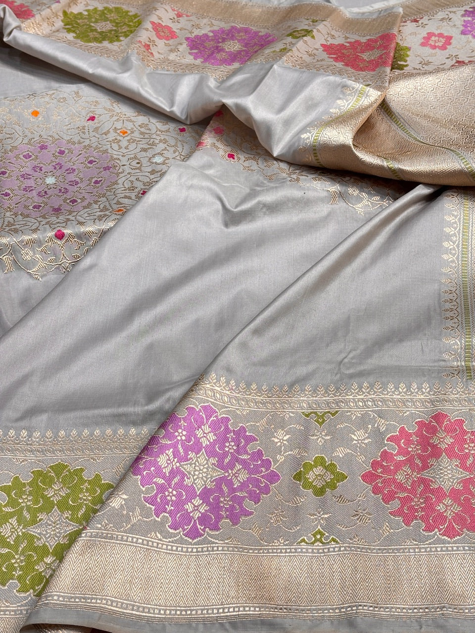 Silver Grey Pure Banarasi Katan Silk Handwoven Saree