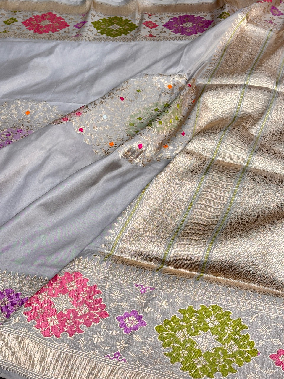 Silver Grey Pure Banarasi Katan Silk Handwoven Saree