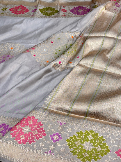 Silver Grey Pure Banarasi Katan Silk Handwoven Saree