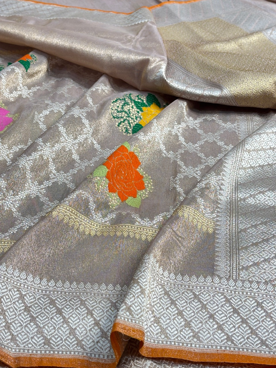 Champagne Beige Tissue Banarasi Silk Handwoven Saree
