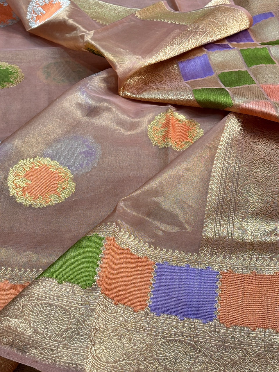 Gold Beige Tissue Banarasi Silk Handwoven Saree