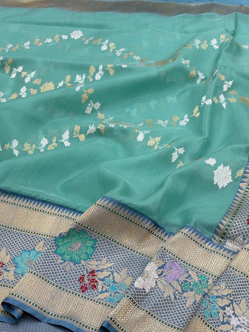 Sea Blue Banarasi Kora Silk Handwoven Saree