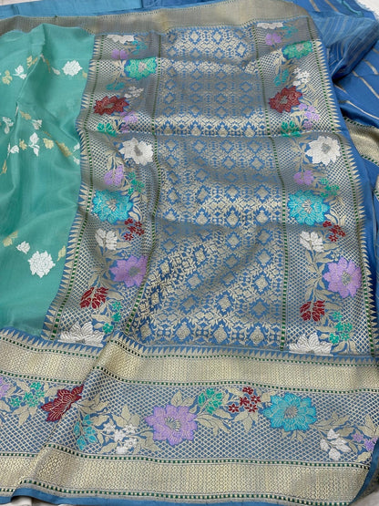 Sea Blue Banarasi Kora Silk Handwoven Saree