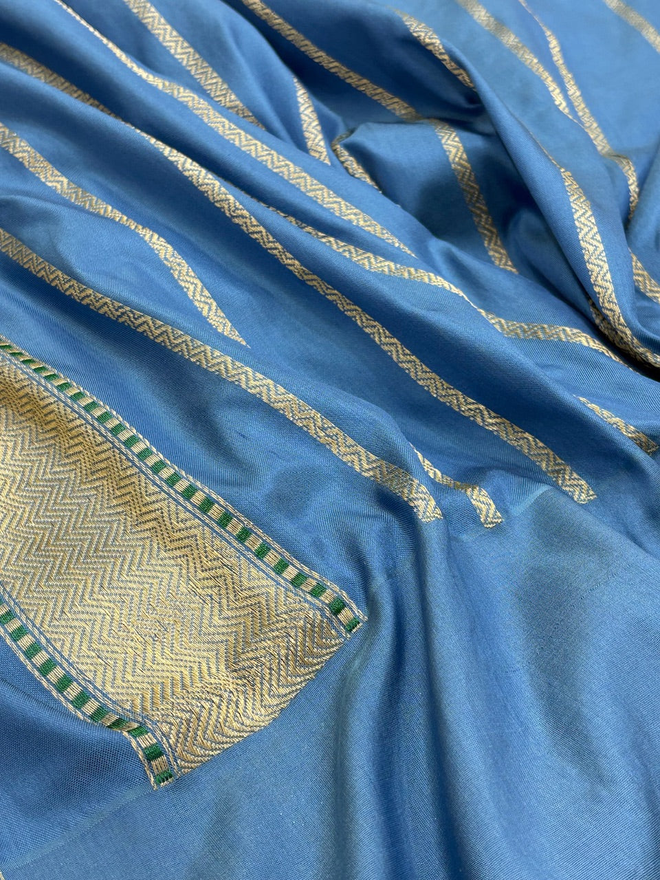 Sea Blue Banarasi Kora Silk Handwoven Saree