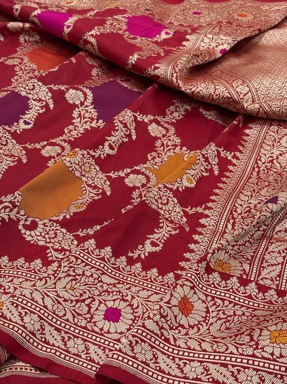 Red Banarasi Pure Katan Silk Rangkaat Handwoven Saree