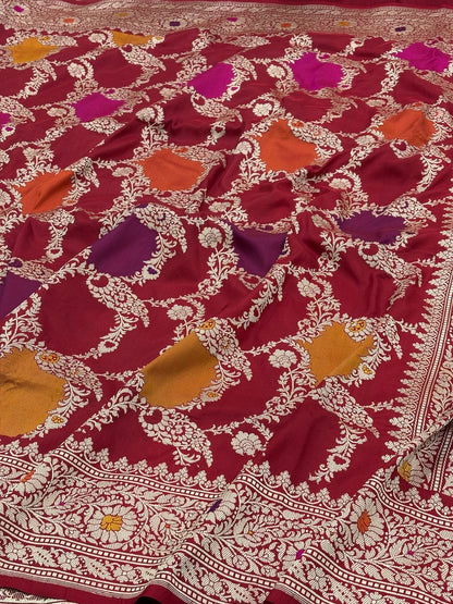 Red Banarasi Pure Katan Silk Rangkaat Handwoven Saree