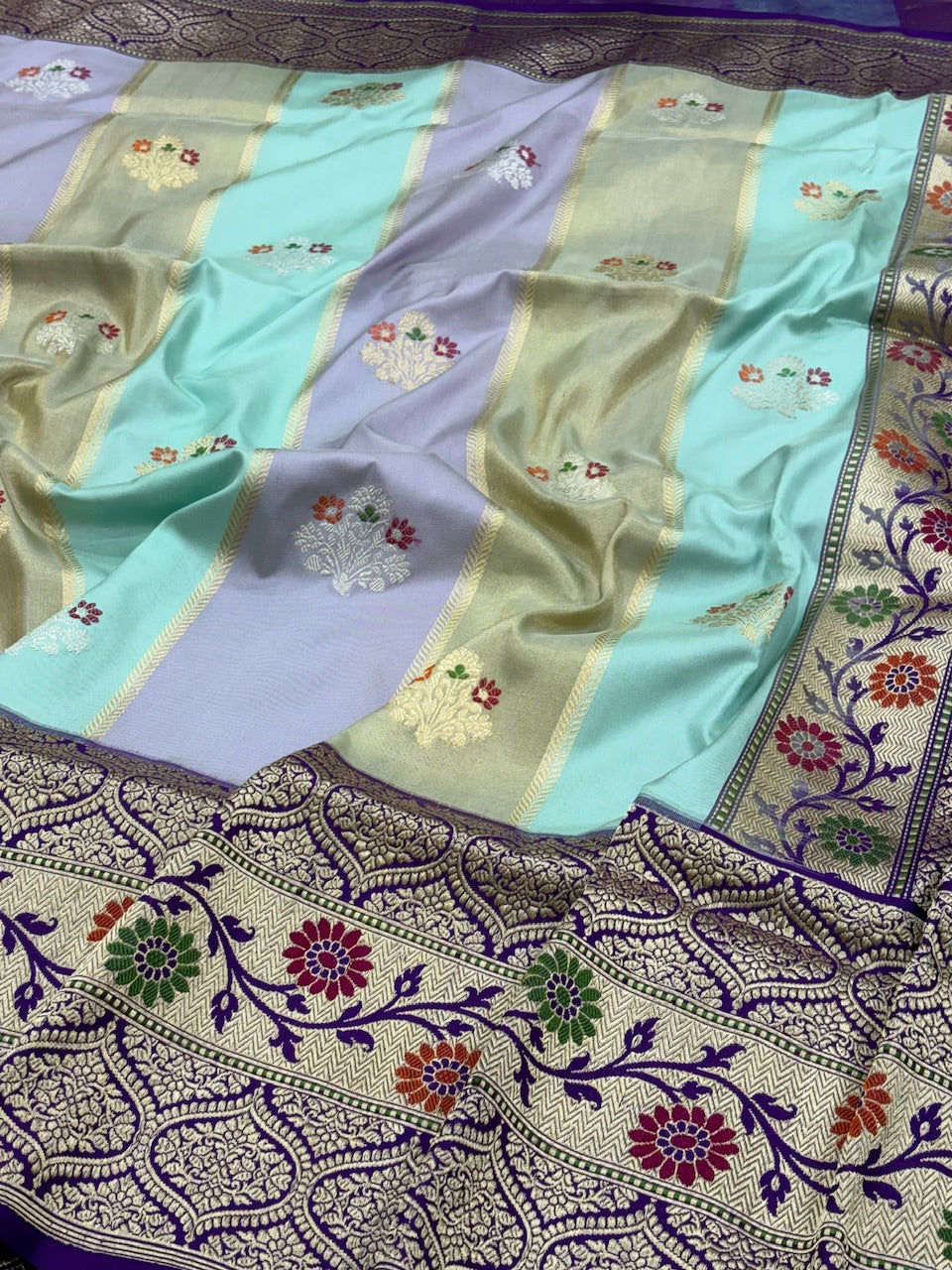 Sea Blue Banarasi Pure Katan Silk Rangkaat Handwoven Saree