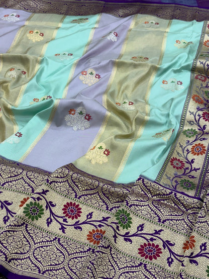 Sea Blue Banarasi Pure Katan Silk Rangkaat Handwoven Saree