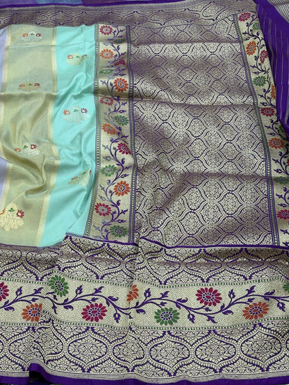Sea Blue Banarasi Pure Katan Silk Rangkaat Handwoven Saree
