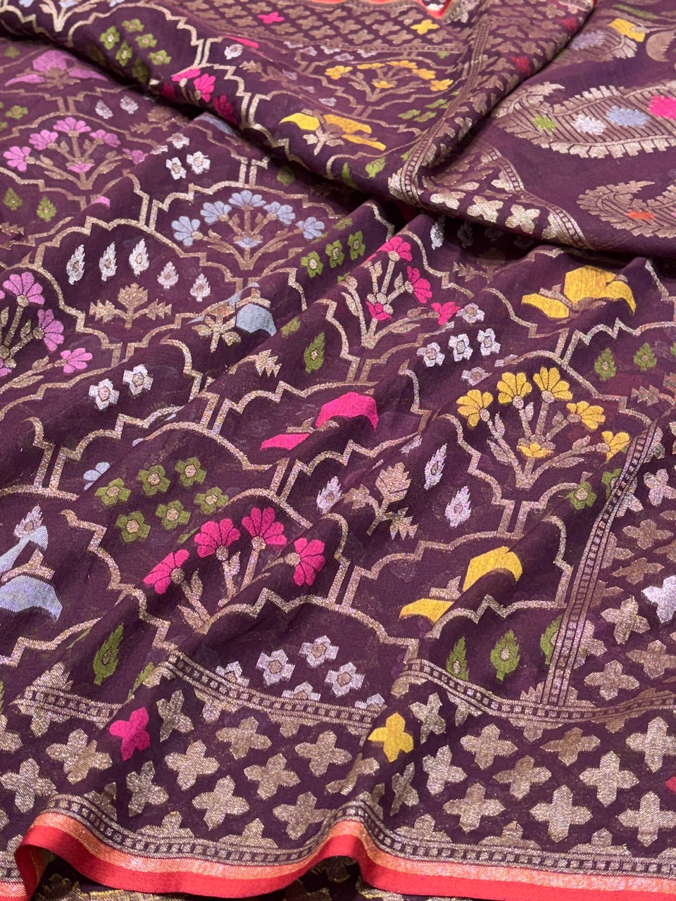 Deep Maroon Banarasi cotton Jamdani handloom Saree