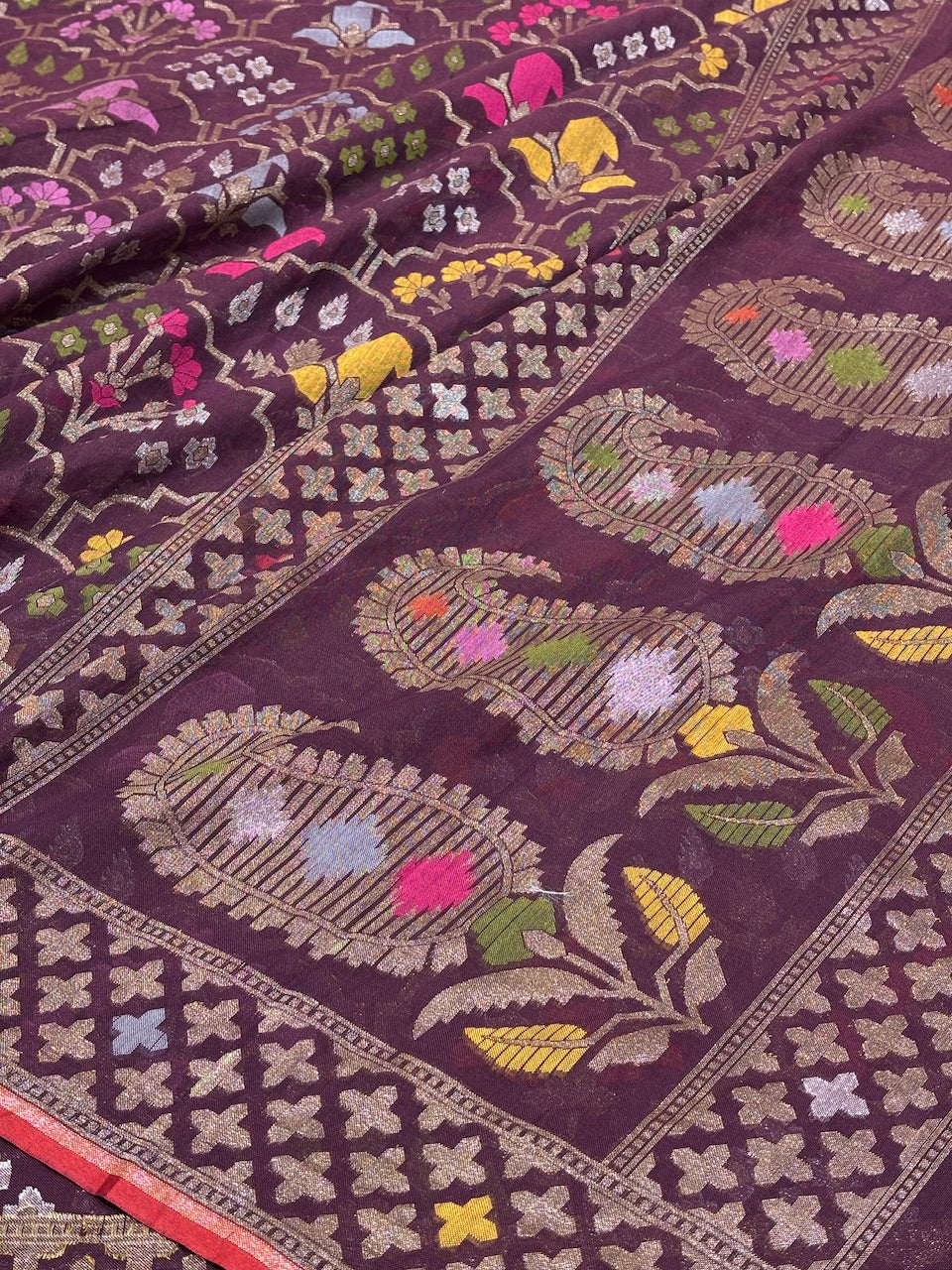 Deep Maroon Banarasi cotton Jamdani handloom Saree