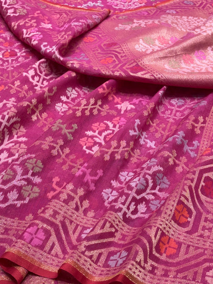 Hot Pink Banarasi cotton Jamdani handloom Saree