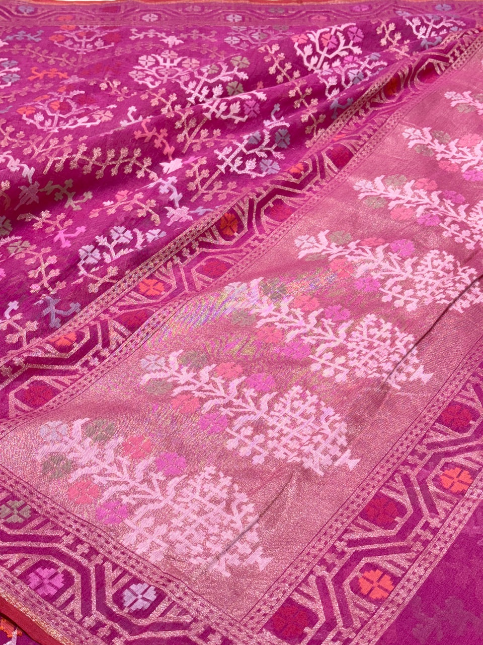 Hot Pink Banarasi cotton Jamdani handloom Saree
