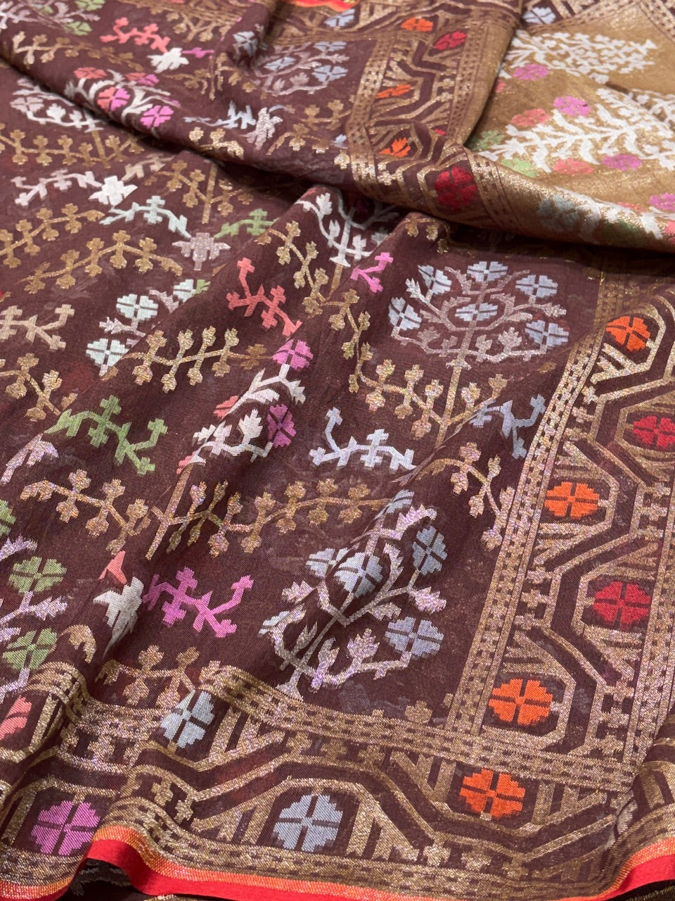 Coffee Brown Banarasi cotton Jamdani handloom Saree