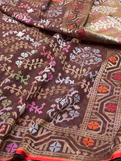 Coffee Brown Banarasi cotton Jamdani handloom Saree