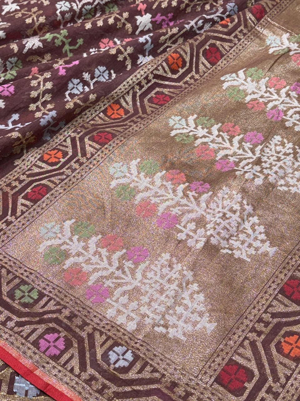 Coffee Brown Banarasi cotton Jamdani handloom Saree