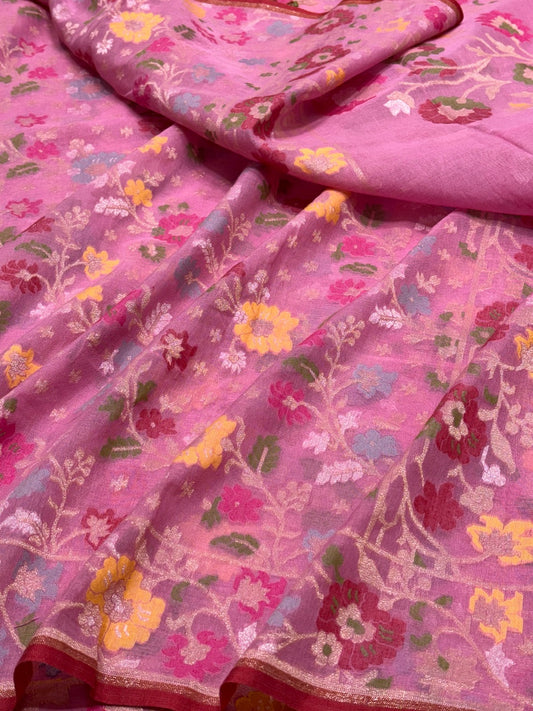 Pink Banarasi cotton Jamdani handloom Saree