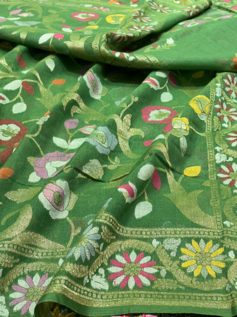Leaf Green Banarasi cotton Jamdani handloom Saree