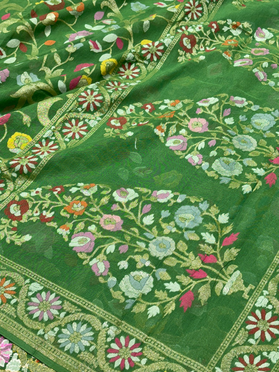 Leaf Green Banarasi cotton Jamdani handloom Saree