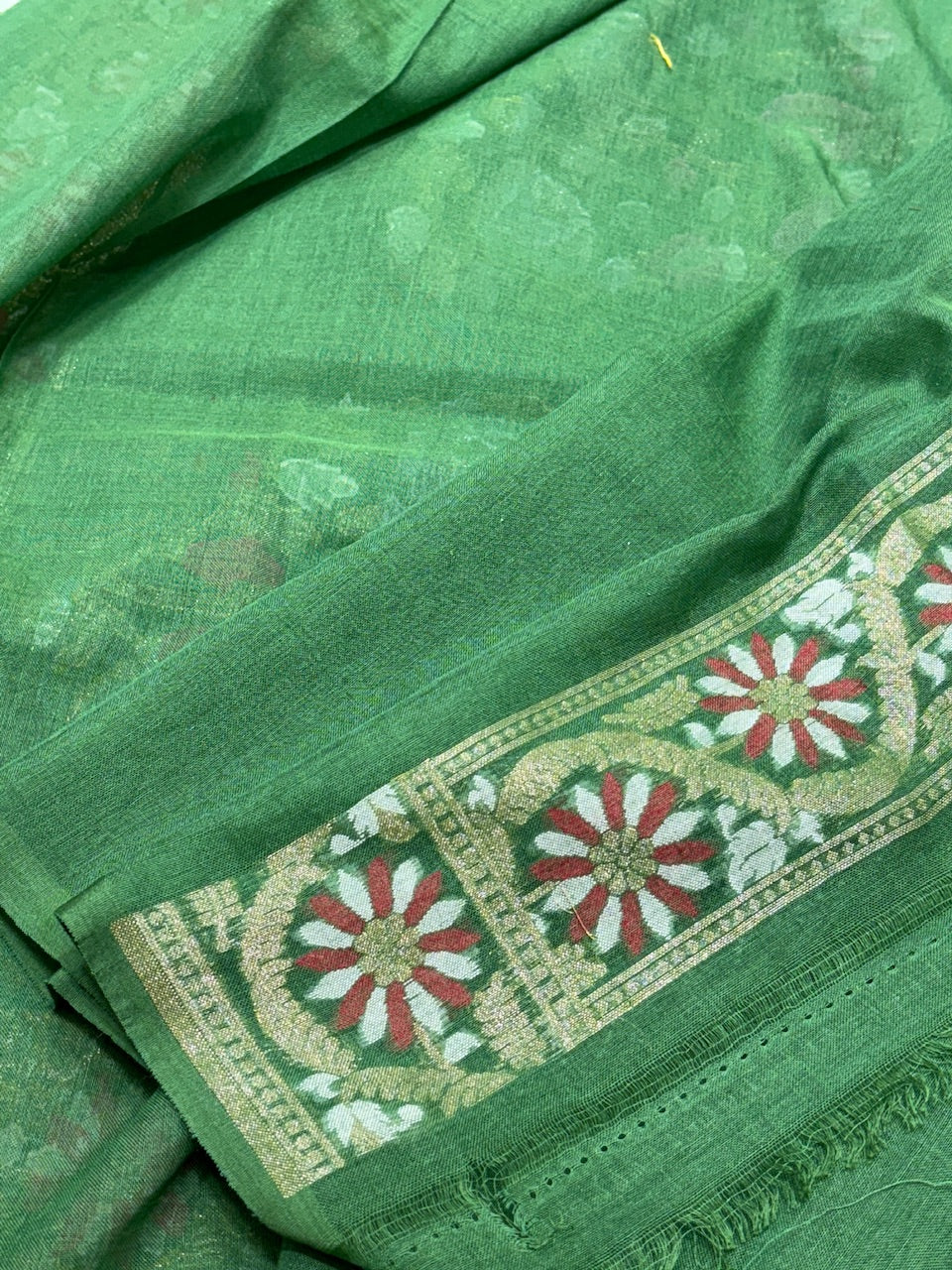 Leaf Green Banarasi cotton Jamdani handloom Saree