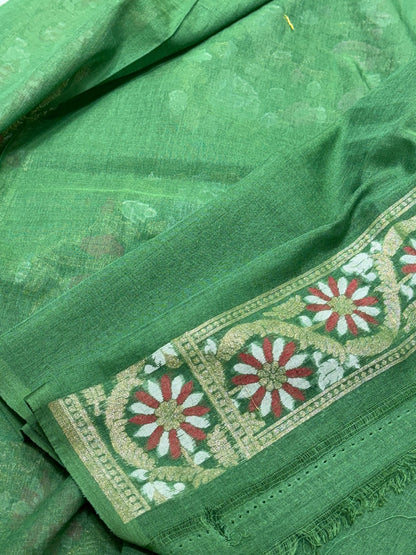 Leaf Green Banarasi cotton Jamdani handloom Saree