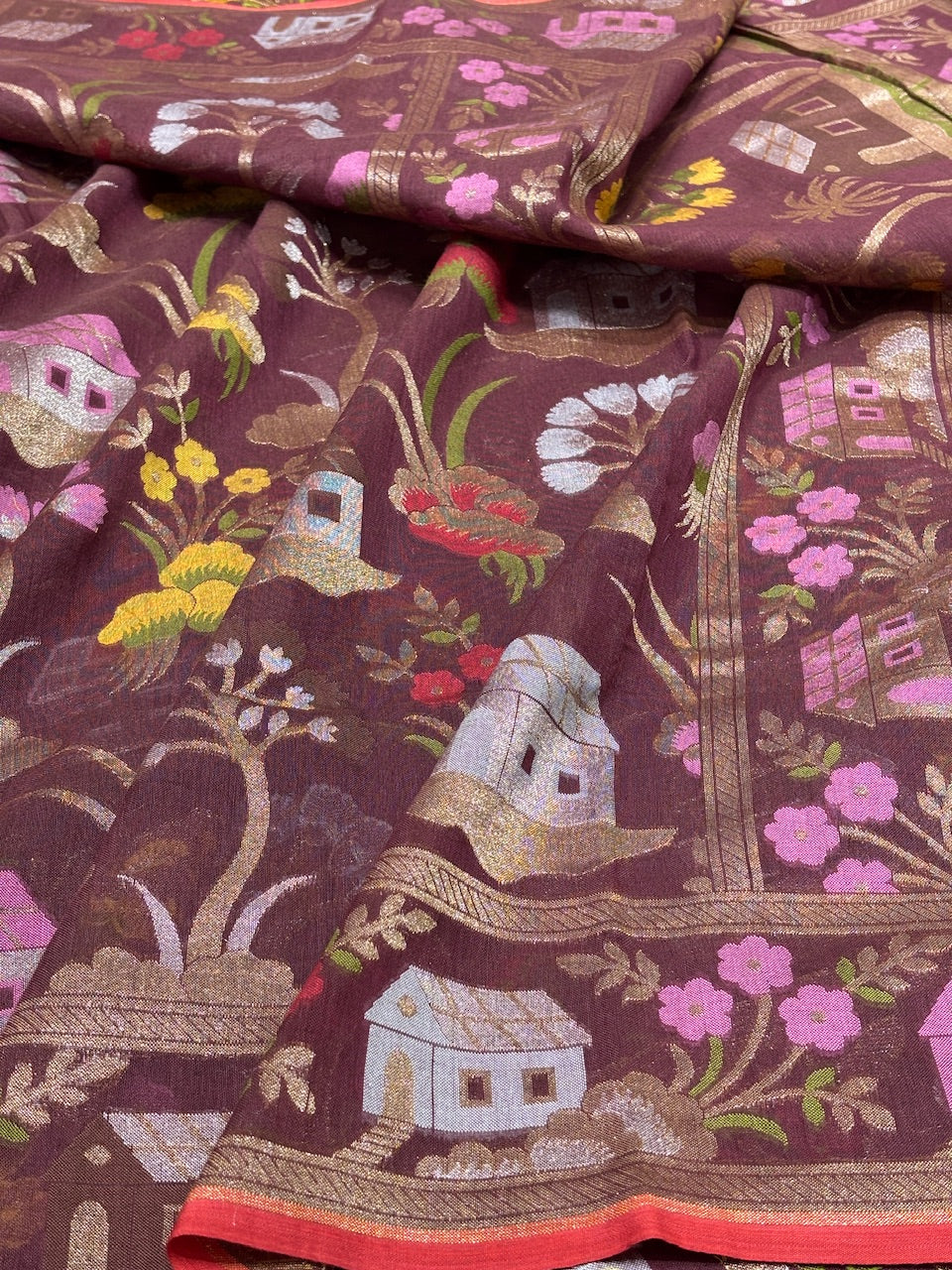 Maroon Brown Banarasi cotton Jamdani handloom Saree