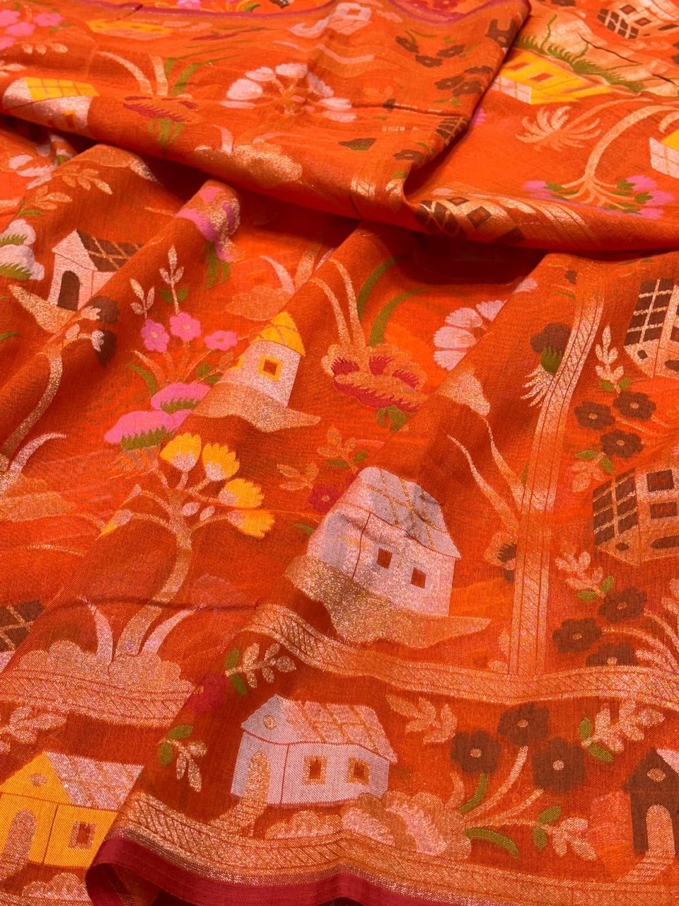 Vibrant Burnt Orange Banarasi cotton Jamdani handloom Saree