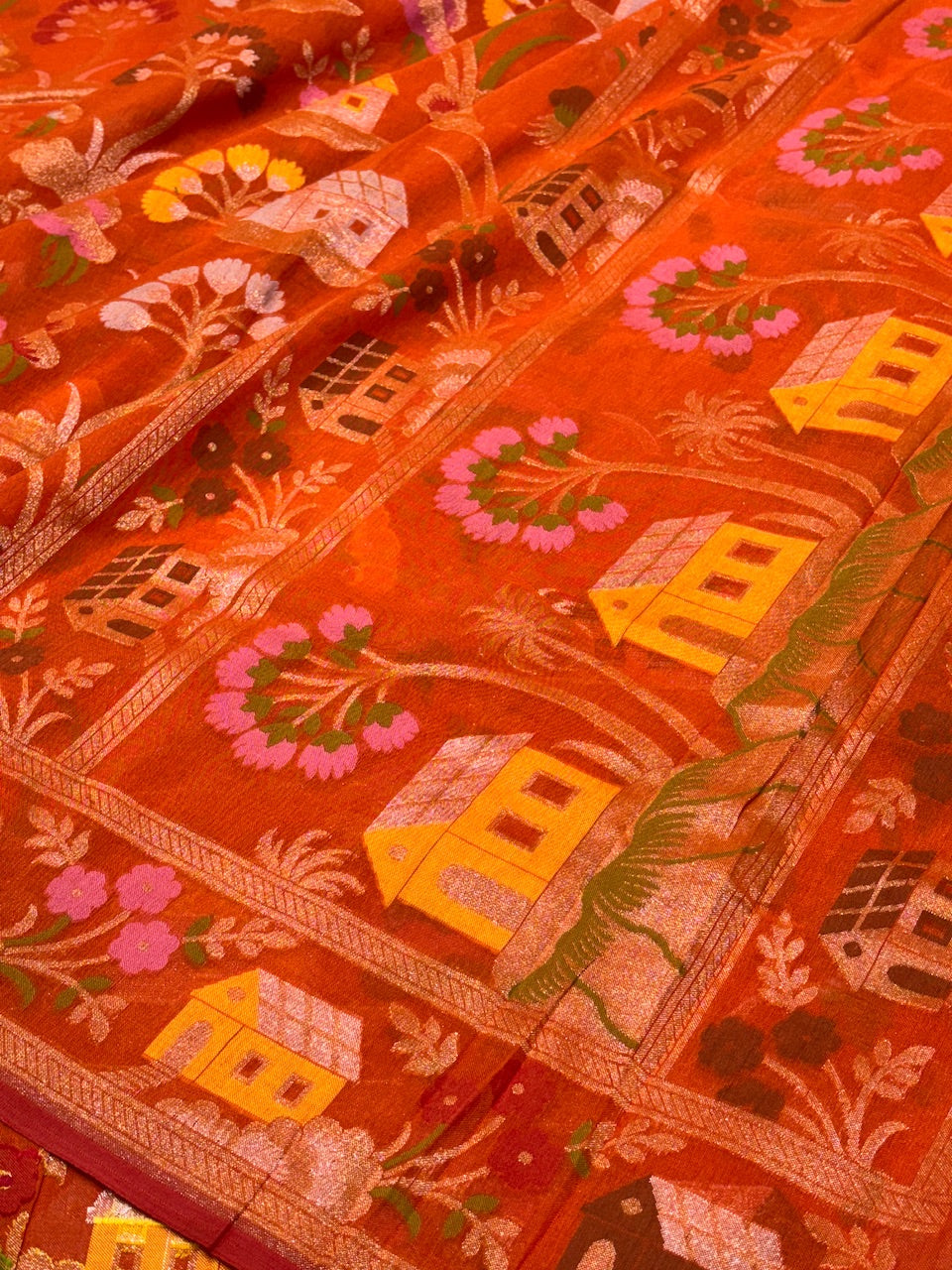 Vibrant Burnt Orange Banarasi cotton Jamdani handloom Saree