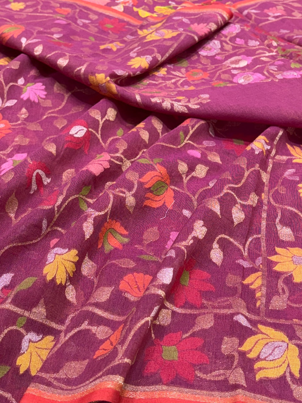 Deep Reddish-purple Banarasi cotton Jamdani handloom Saree