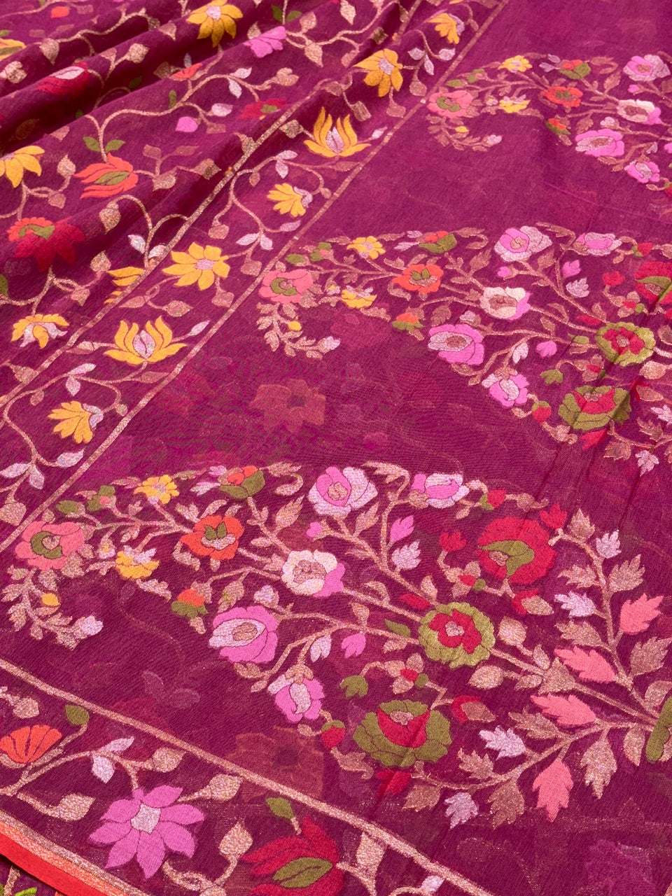 Deep Reddish-purple Banarasi cotton Jamdani handloom Saree