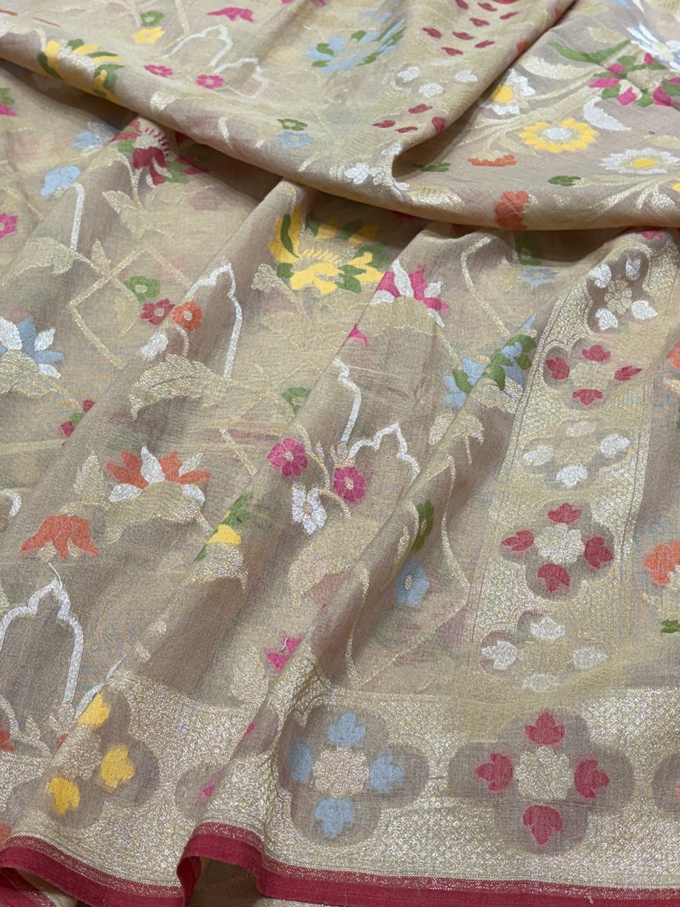 Light Beige Gold Banarasi cotton Jamdani handloom Saree