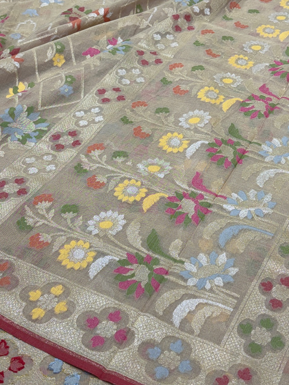 Light Beige Gold Banarasi cotton Jamdani handloom Saree