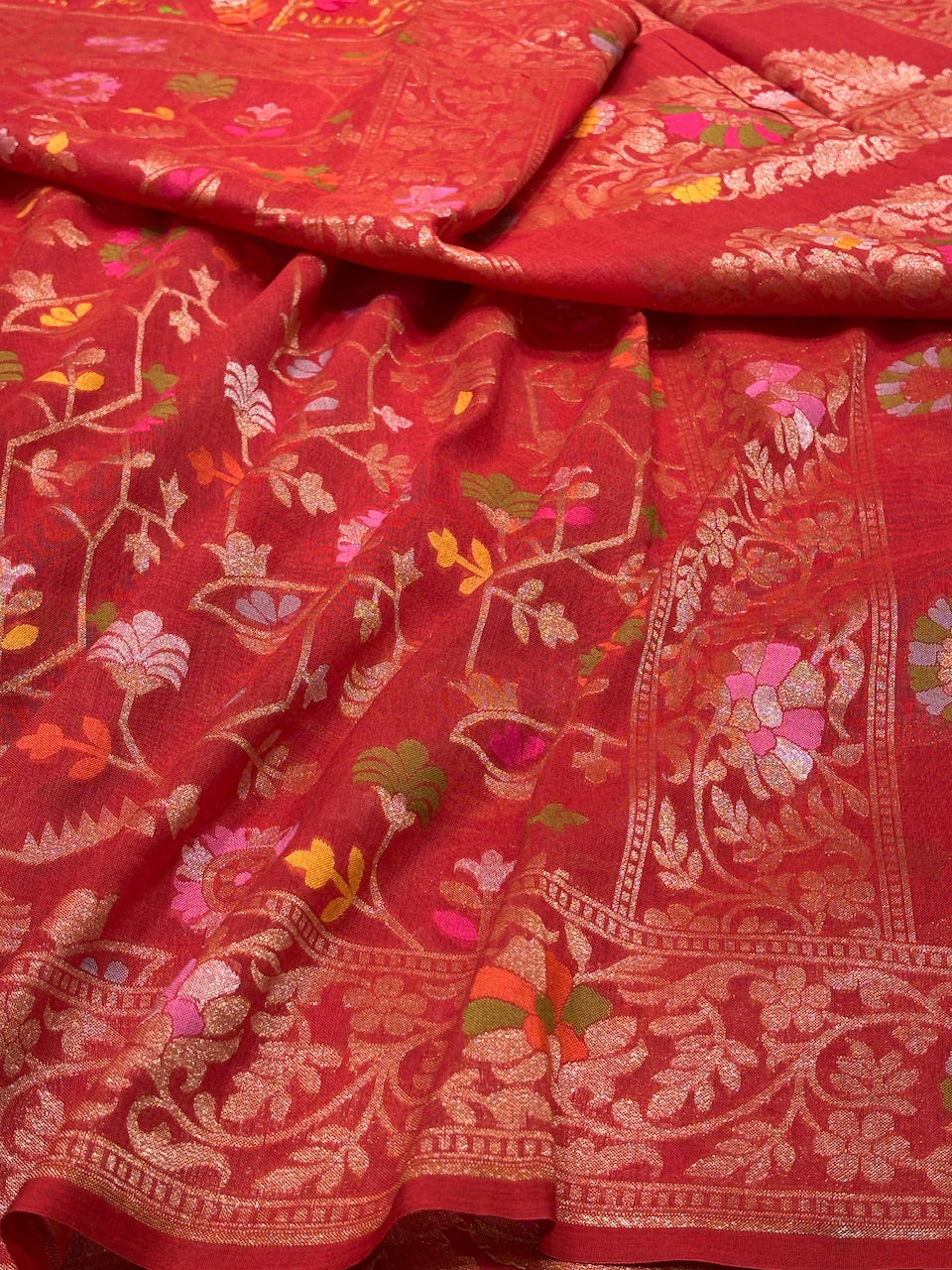 Red Banarasi cotton Jamdani handloom Saree