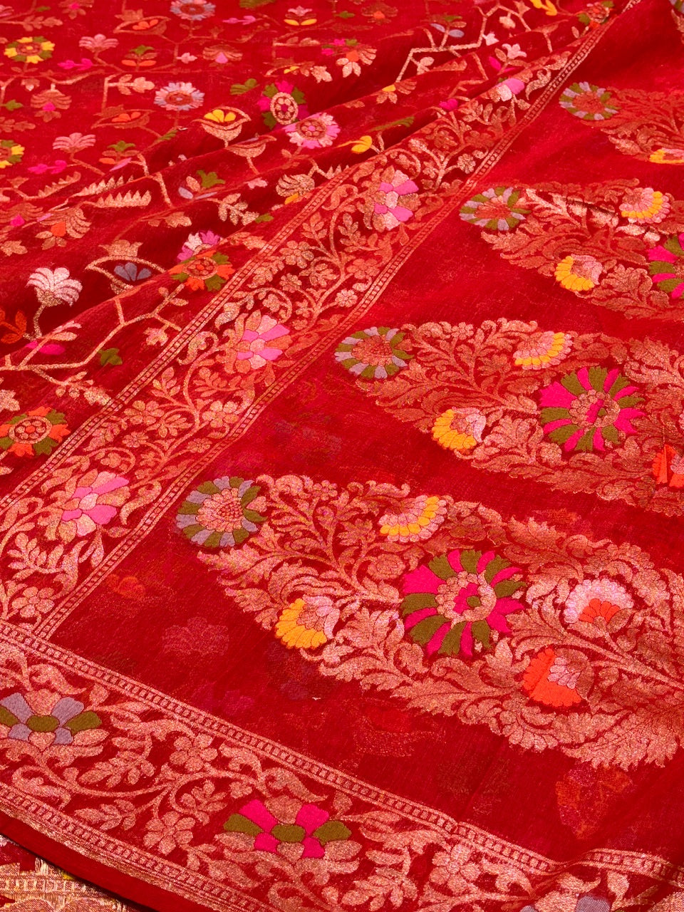 Red Banarasi cotton Jamdani handloom Saree