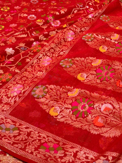 Red Banarasi cotton Jamdani handloom Saree