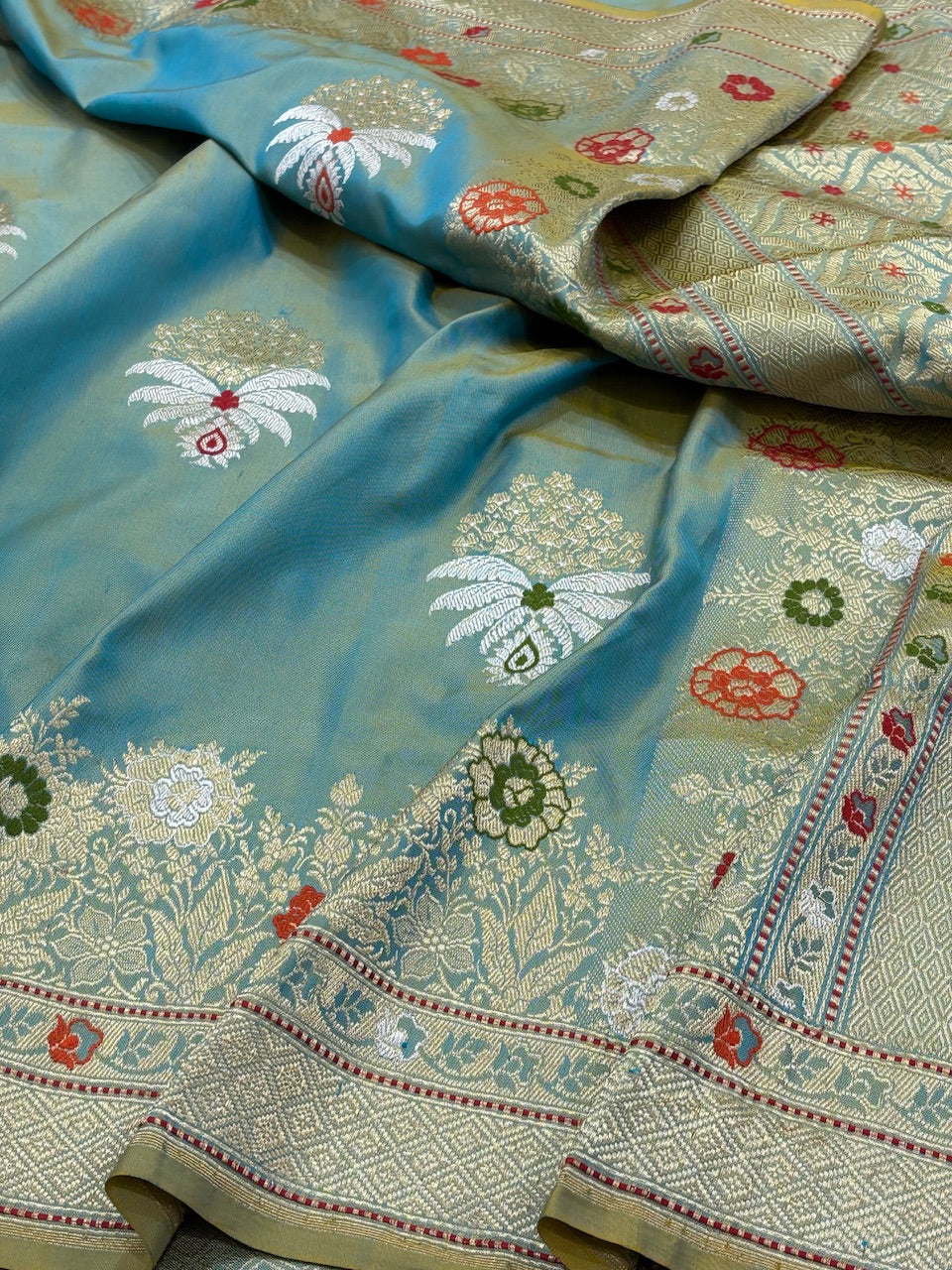 Blue Sea Green Pure Banarasi Ektara  Silk Handwoven Saree