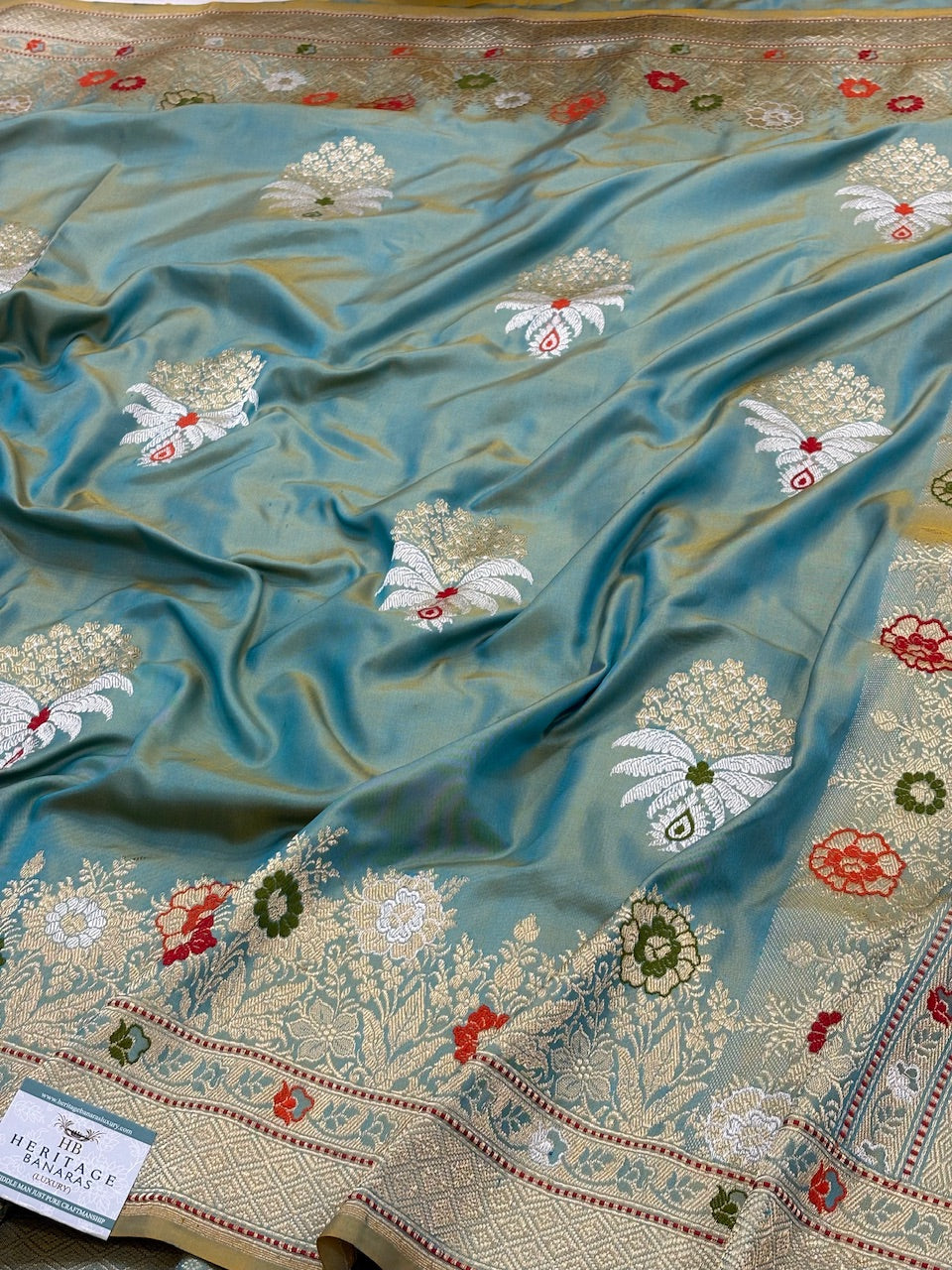 Blue Sea Green Pure Banarasi Ektara  Silk Handwoven Saree