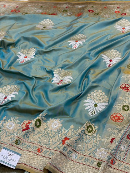 Blue Sea Green Pure Banarasi Ektara  Silk Handwoven Saree