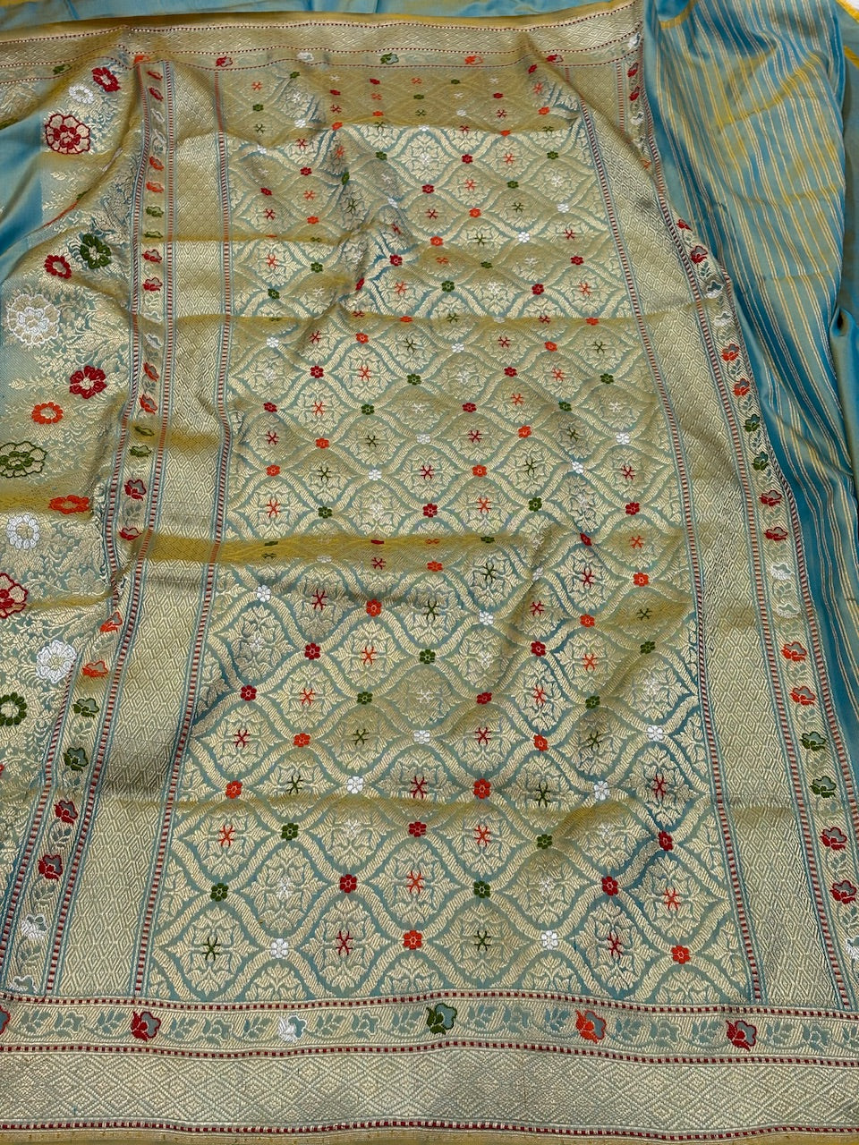 Blue Sea Green Pure Banarasi Ektara  Silk Handwoven Saree