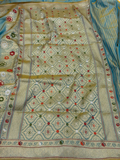 Blue Sea Green Pure Banarasi Ektara  Silk Handwoven Saree