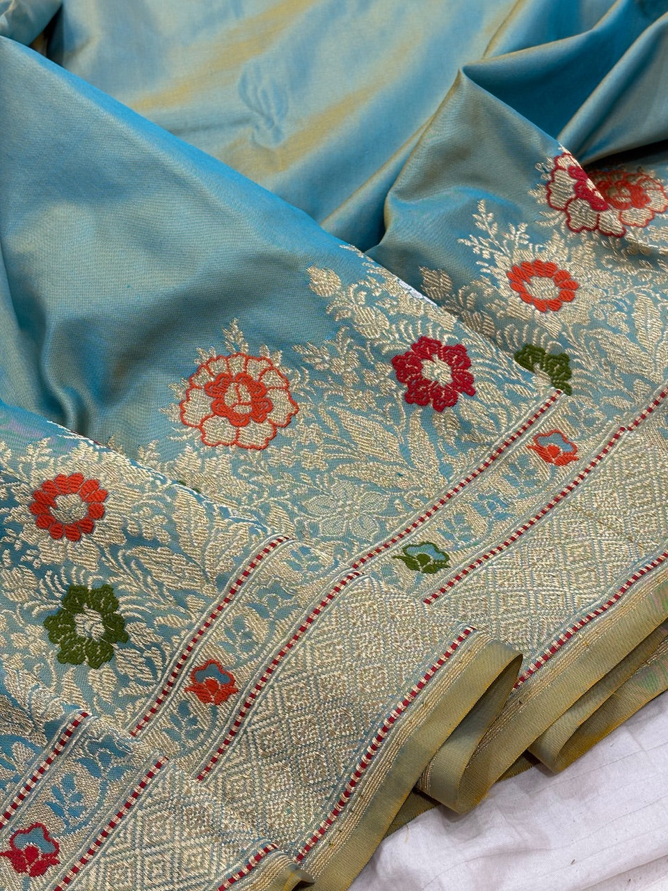 Blue Sea Green Pure Banarasi Ektara  Silk Handwoven Saree