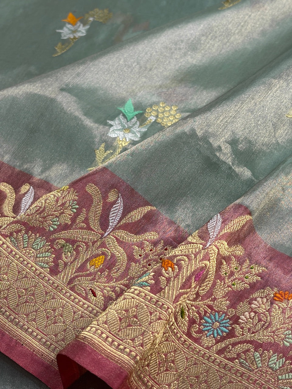Steel Grey Tissue Banarasi Silk Handwoven Saree
