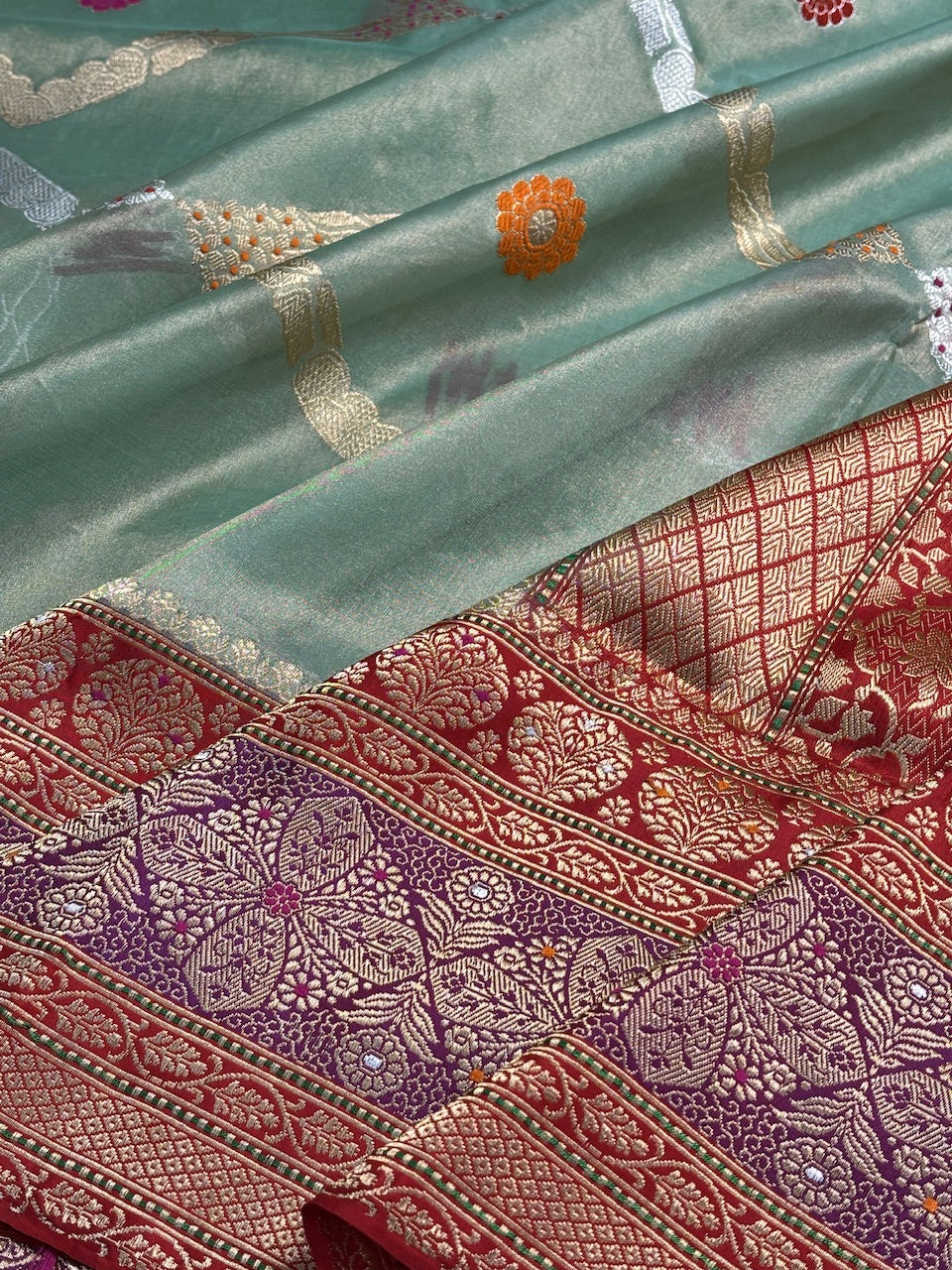 Sea Blue Tissue Banarasi Silk Handwoven Saree