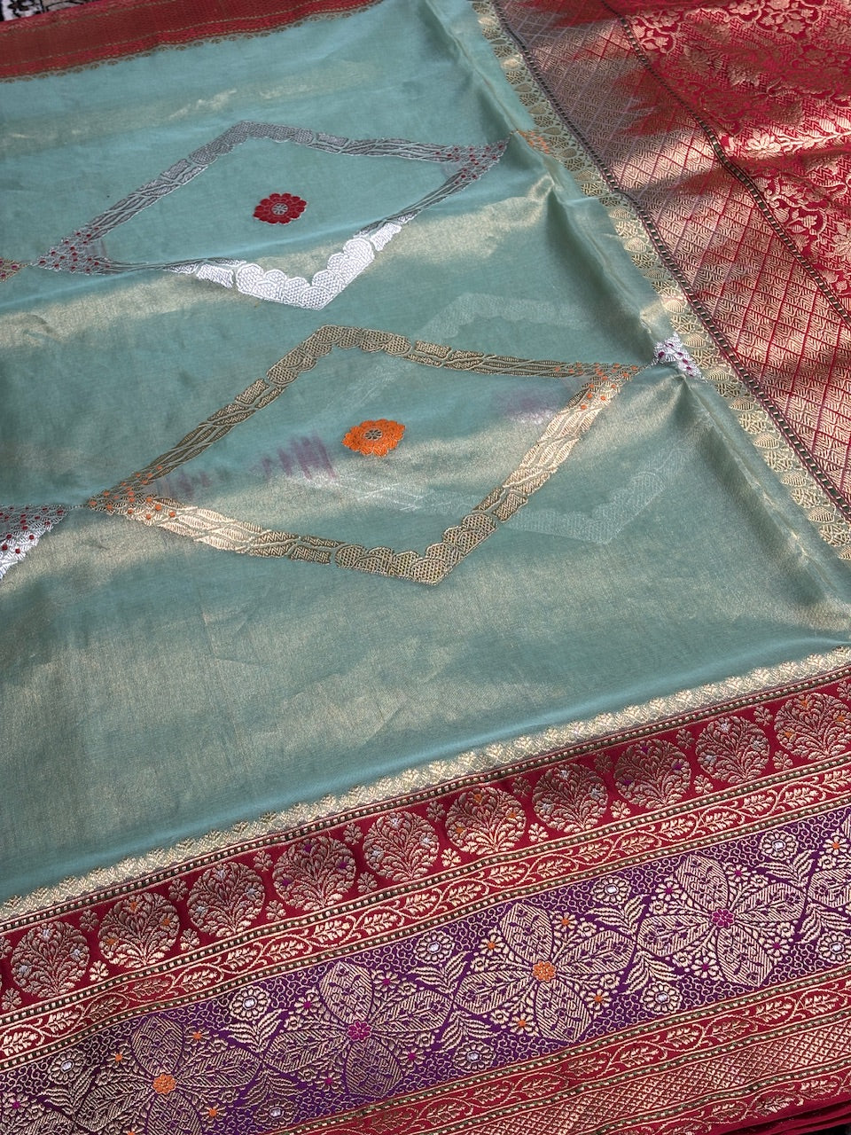 Sea Blue Tissue Banarasi Silk Handwoven Saree