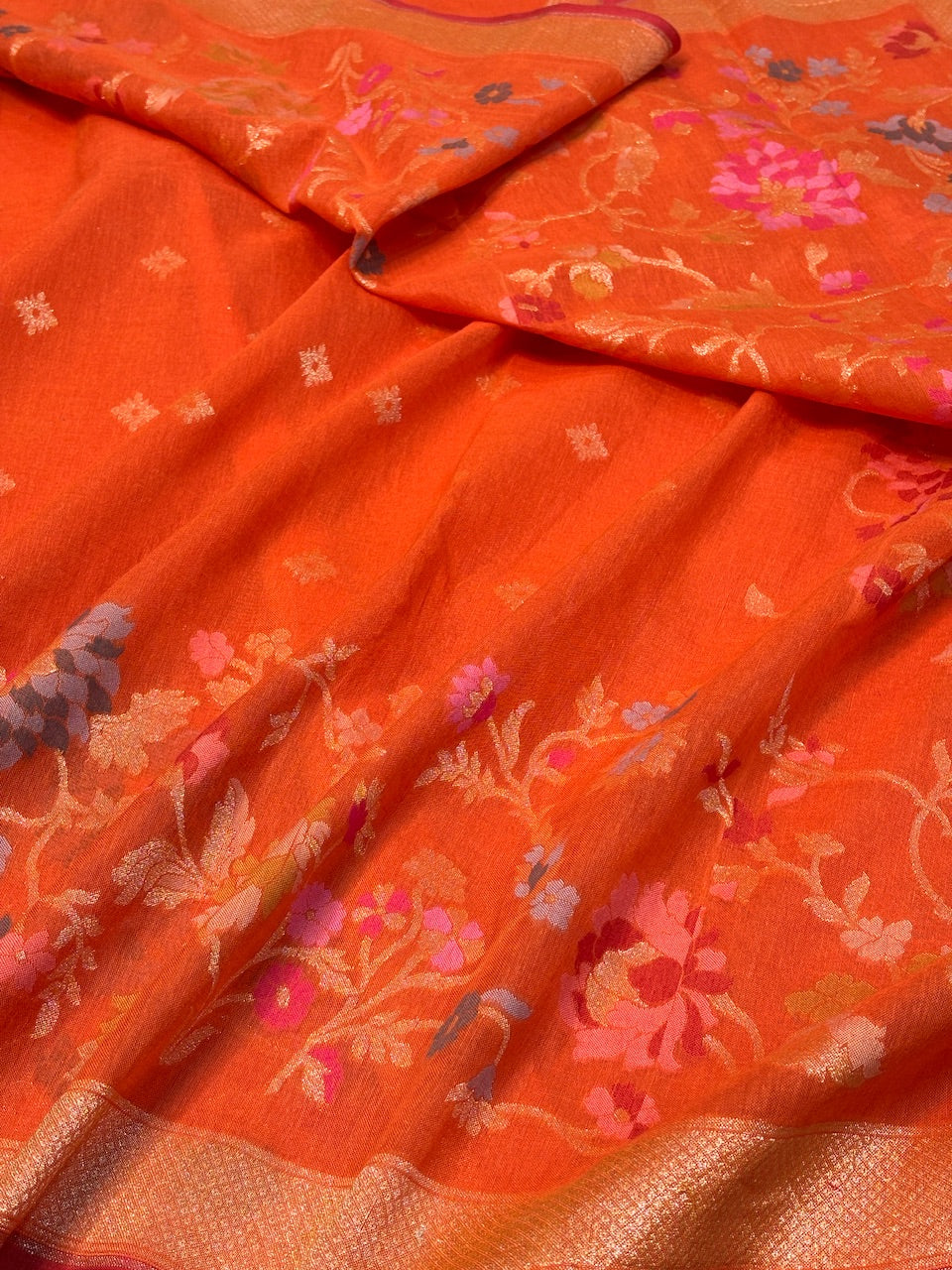 Vibrant Burnt Orange Banarasi cotton Jamdani handloom Saree