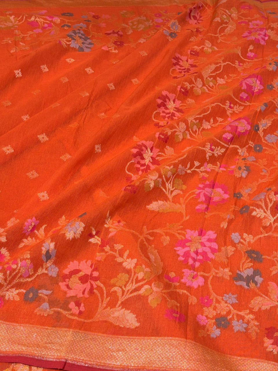 Vibrant Burnt Orange Banarasi cotton Jamdani handloom Saree