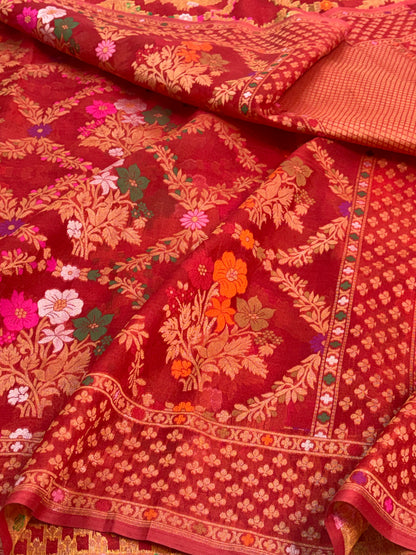 Deep Red Pure Kora Silk Ektara Jamdani Saree