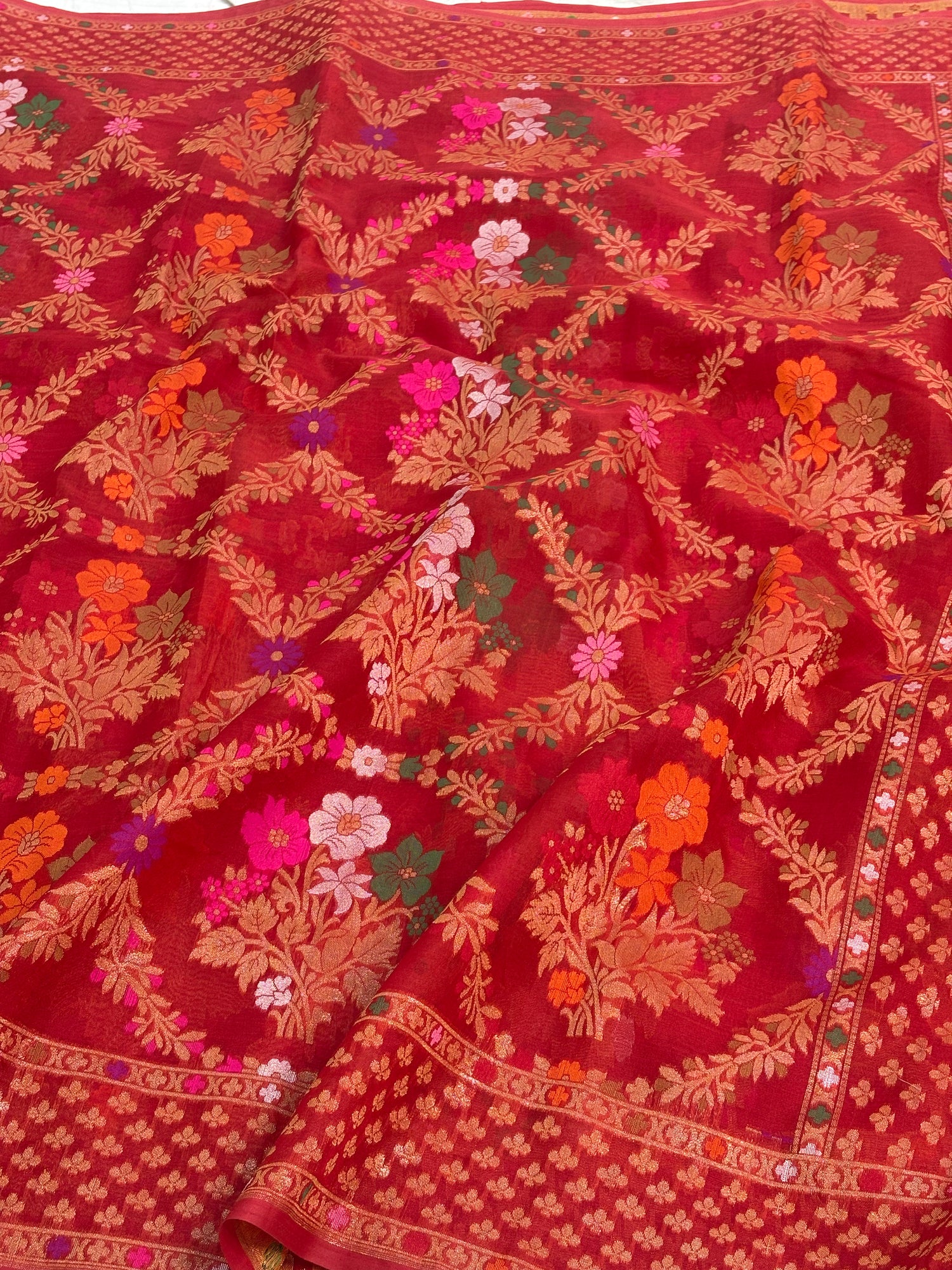 Deep Red Pure Kora Silk Ektara Jamdani Saree